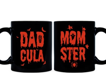 Halloween Mug Set: Momster Dadcula Matching Ceramic Mugs