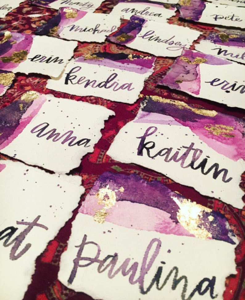 Watercolor Seating Chart Place Cards Handlettered Gilded With Gold Flake Torn Edge Wedding