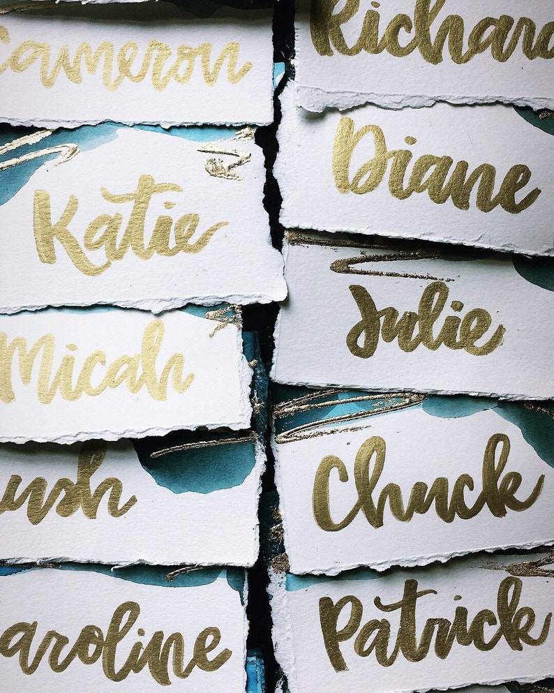 Watercolor Seating Chart Place Cards Handlettered Gilded With Gold Flake Torn Edge Wedding