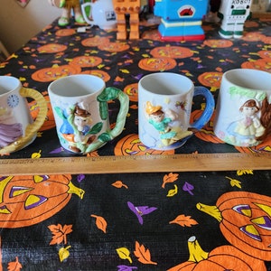 Vintage JNSY Fairy Tale Mugs Set Of 4 Peter Pan Red Riding Hood Cinderella Jack Beanstalk 80s Walt Disney Characters