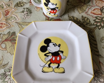 Vintage Mickey Mouse Walt Disney Production Ceramic Octagonal Plate and Cup Japan 70s Disneyland