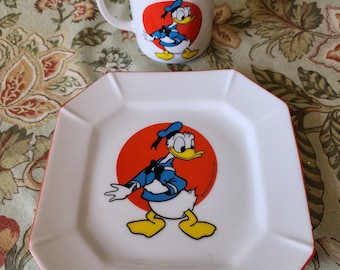 Vintage Donald Duck Walt Disney Production Ceramic Octagonal Plate & Cup Japan 70s Disneyland