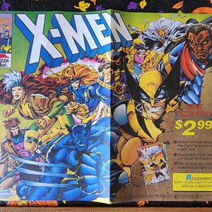 May include: A colorful comic book advertisement for a Pizza Hut Kids' Pizza Pack featuring X-Men characters. The ad includes a single-topping personal pan pizza, a 16 oz cup filled with a soft drink, and one of four exclusive X-Men collector's comics. The ad also mentions a special X-Men prize for every Tuesday night.