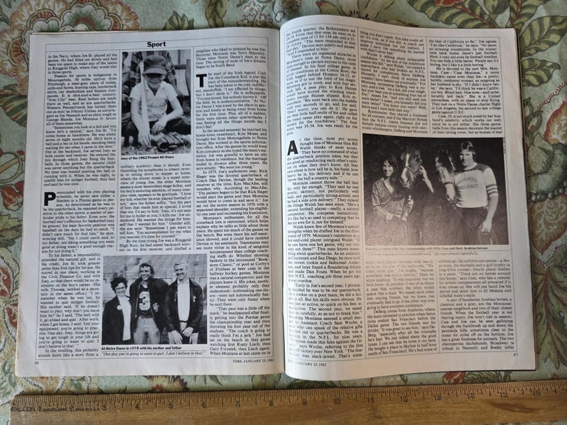May include: A vintage magazine spread featuring articles and photographs. The page is open, displaying text and black and white images. The headline "Sport" is visible at the top. The images include a young boy and a group of people.