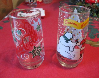 Coca Cola Christmas Snowfall and Coke Seasons Greetings Holiday Coke Polar Bear Drinking Glasses 1994