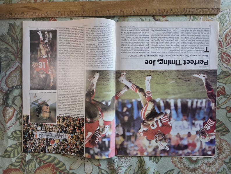 May include: A newspaper spread featuring action shots of a football game. The headline reads "Perfect Timing, Joe." The players are wearing red and gold uniforms. The image also includes a photo of a crowd holding a banner that says "THANK WALSH."