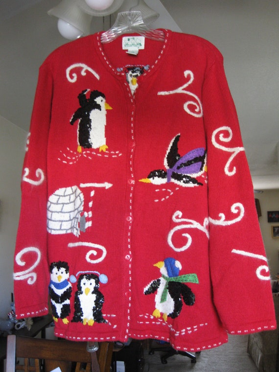 Red Christmas Sweater Penquins Sequins 