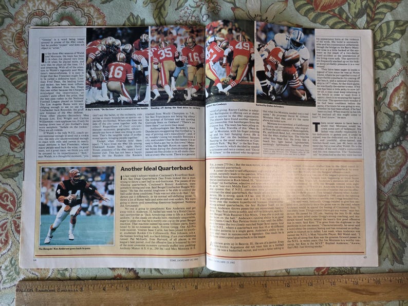 May include: A vintage magazine spread featuring multiple photographs of American football games. The images show players in action, wearing team uniforms. Text includes the headline "Another Ideal Quarterback" and other articles.