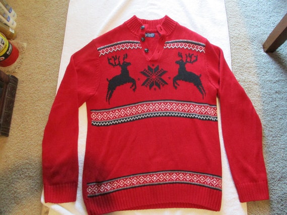 Vintage Christmas Sweater Reindeer Red Pullover S… - image 1