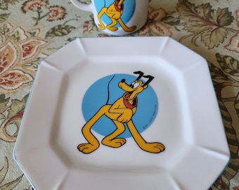 Vintage Pluto Walt Disney Productions Disneyland Ceramic Octagonal Plate & Cup Japan 70s