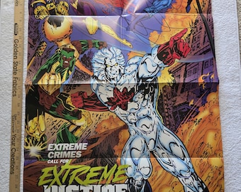 Vintage DC Comics Extreme Justice Signed Dan Vado Promo Poster Folded 1994 Captain Atom Booster Gold Amazing Man Maxima Blue Beetle
