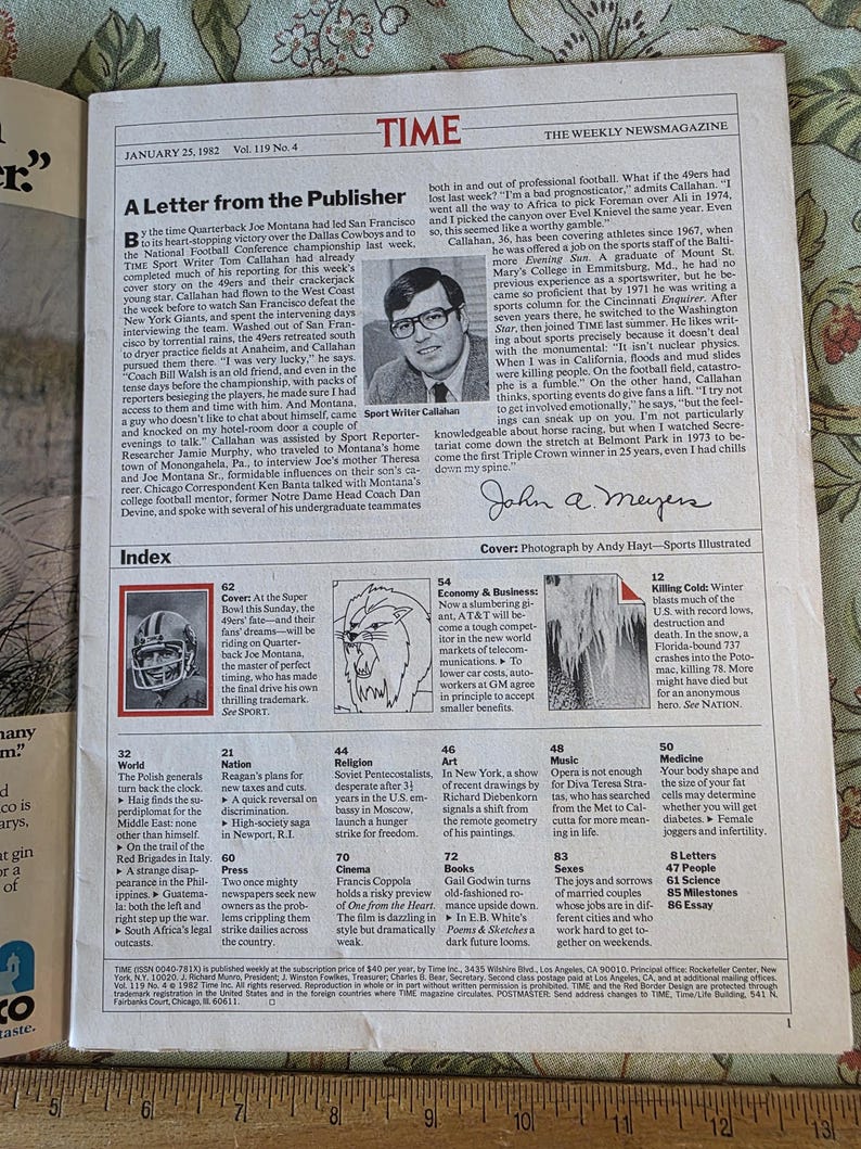 May include: A January 25, 1982 issue of TIME magazine featuring a cover story on the Super Bowl. The cover includes a photo of a football helmet and a photo of a sports writer.