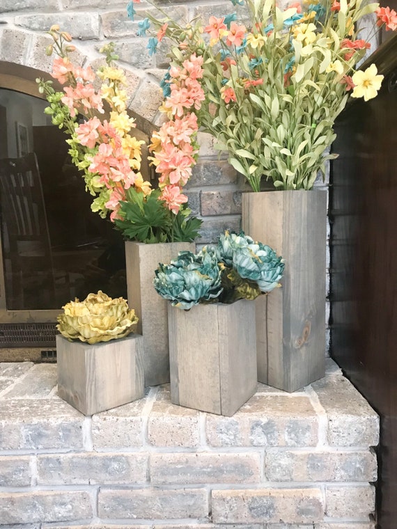 Square Wood Planter Handmade Gray Tall Wooden Planter Etsy