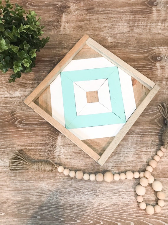 Teal And White Wood Art Decor Handmade 12x12 Geometric Etsy