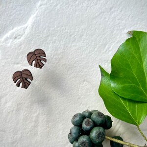 Handmade Monstera Wooden Stud Earrings: Plant Lover Gift