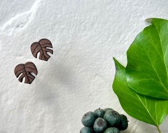 Handmade Monstera Wooden Stud Earrings: Plant Lover Gift