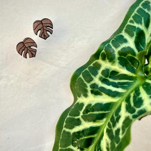 Handmade Monstera Wooden Stud Earrings: Plant Lover Gift