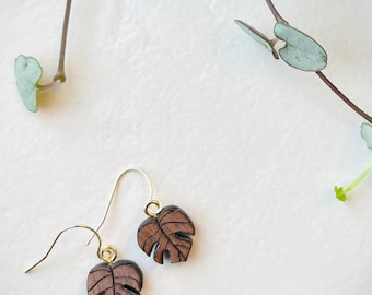Handmade Monstera Wooden Leaf & Gold Dangle Earrings: Plant Lover Gift