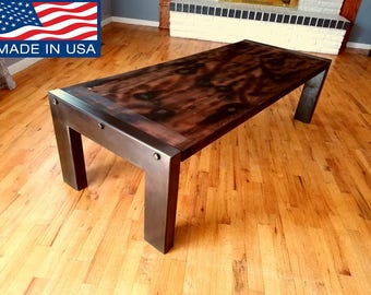 Handmade custom coffee table beautiful wood and Mild Steel with Gun Blue Patina finish
