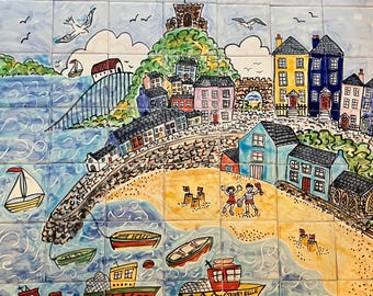 Handpainted Seaside tile mural