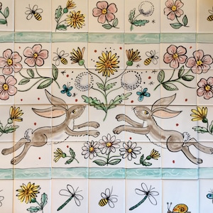Hare And Flowers Ceramic Wall Tile Mural