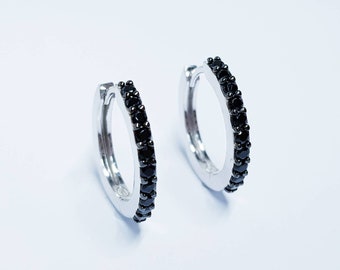 Black hoop earrings, small hoop earrings, silver hoop earrings, black diamond earrings, bridesmaid earrings