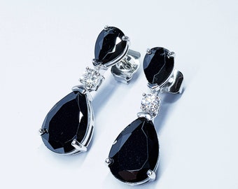 Drop black earrings, Teardrop shaped stud earring, Black and white earring, Black diamond jewelry