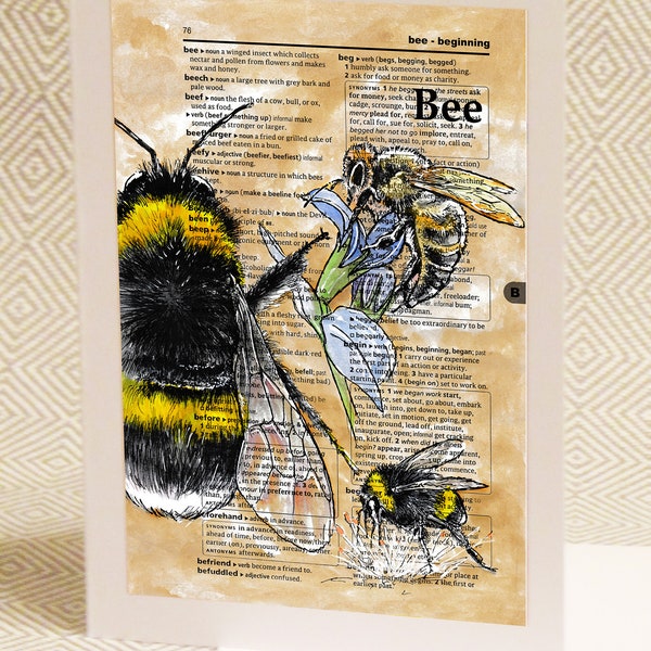 Bee, Birthday Card, Greeting Card, Bumble Bee, Special Hunny Bee, Original Painting superimposed on page of a dictionary with its definition