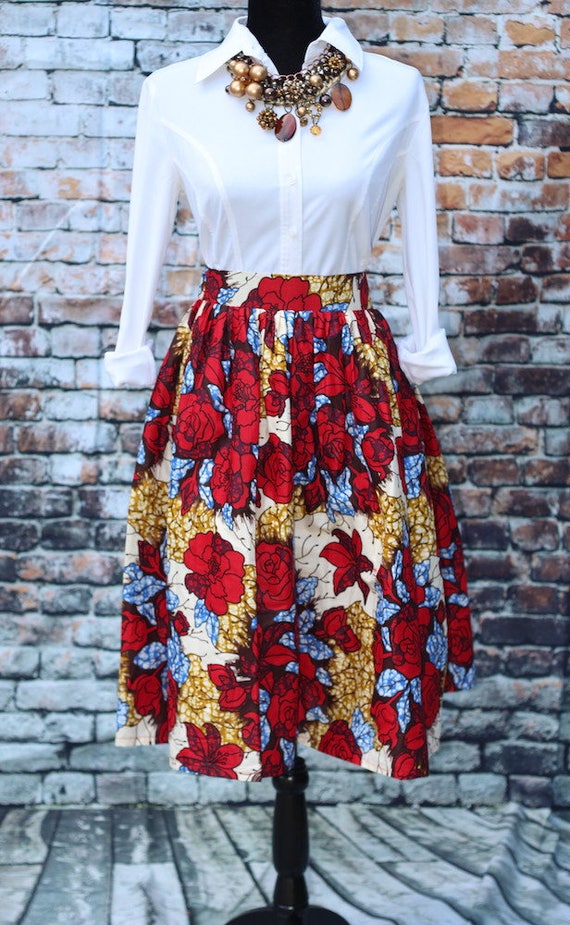 African Print Skirt Sale Red Ankara Print African Midi Skirts Floral Ankara Skirt Etsy