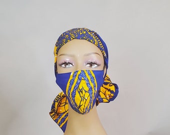Blau afrikanischer Print Kopf Wickel- und Gesichtsmasken Set | Wiederverwendbare | Waschbar | Ankara Gesichtsmaske und Schals