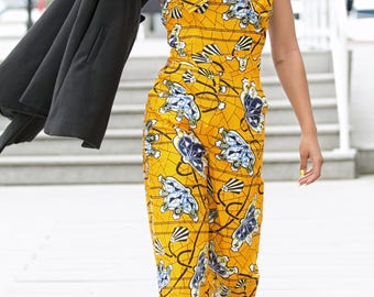 African Print Jumpsuit - Yellow Ankara Jumpsuit | Bow-Front Detail