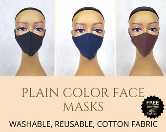 Plain Face Masks, Washable,  Made in USA,  Black, Navy, Brown, Adults