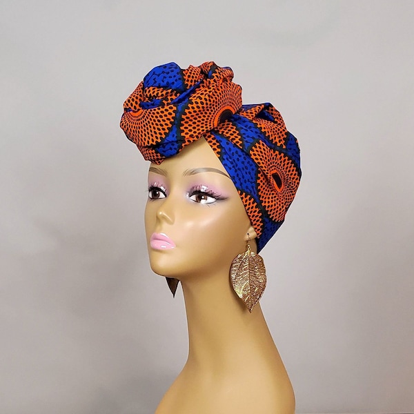Blue & Orange Head Wrap | African Print Head Wraps for Women | Ankara Scarf | Headbands