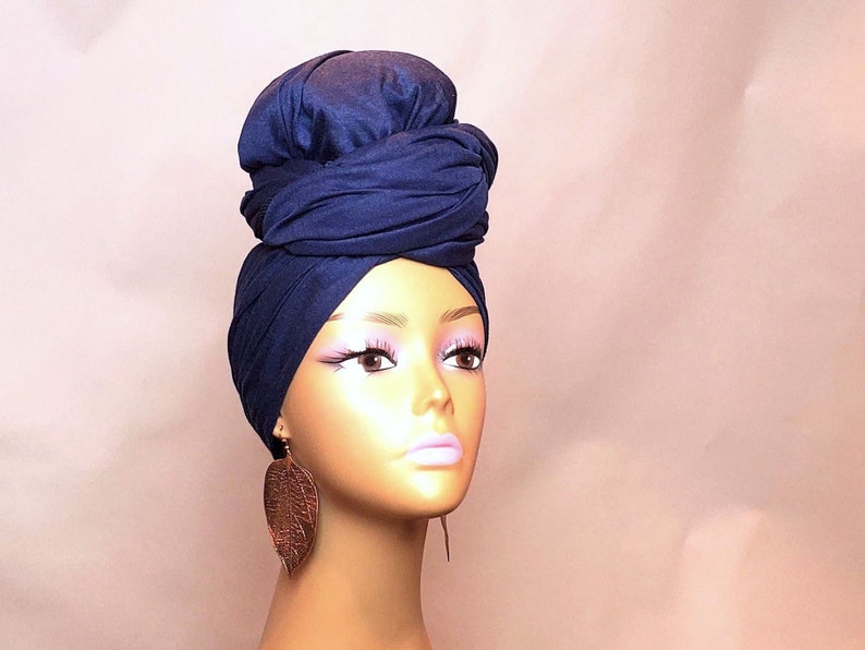 Blue Stretchy Head Wrap for Women Jersey Head Scarf for Women image 2