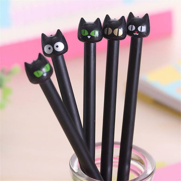 Black Cat Pens, Set of 1 or 2 Cat Pens, Fine Tip Black Gel Ink Novelty Pens Kawaii Cat Pens, Cute Cartoon Cats, Cat Lover Pen Set