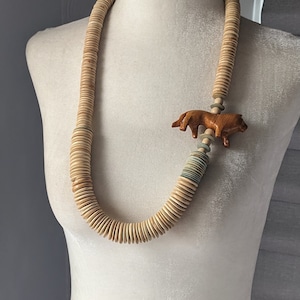 natural wooden bead necklace with lion