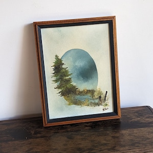 Vintage oil painting of trees and lake