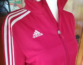 red adidas jacket with white stripes