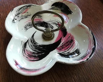mid century pottery dish pink black white