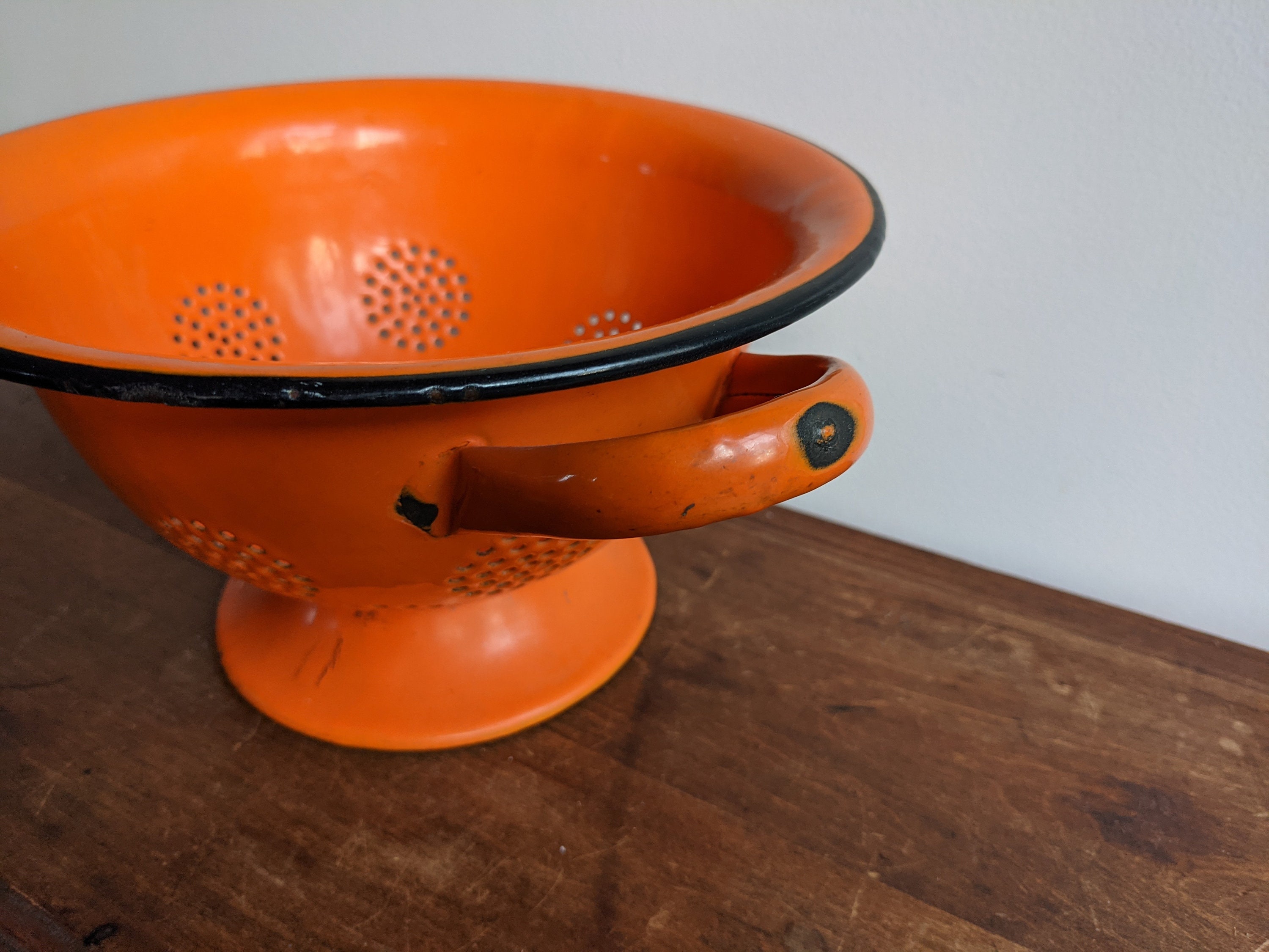 Vintage orange enamel strainer colander Etsy