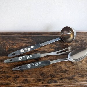 Set of 3 vintage utensils spoon fork ladle USA stainless steel daisy handles (FF)