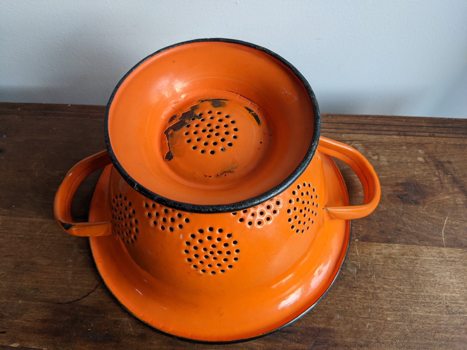 Vintage orange enamel strainer colander Etsy