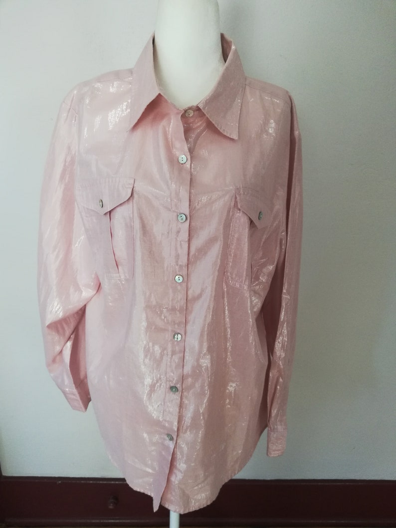 vintage blouse shimmery pink long sleeve button down XL