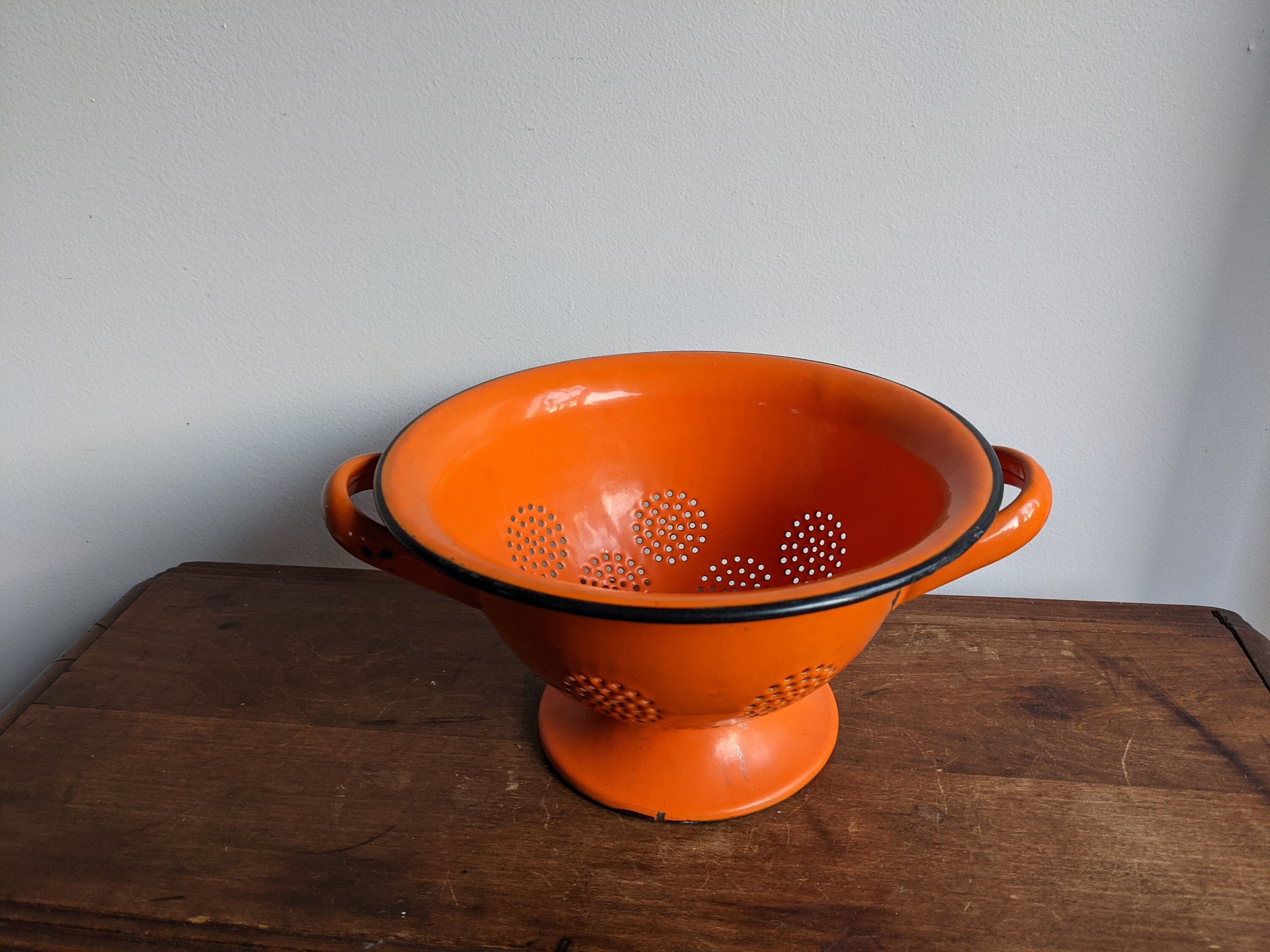 Vintage orange enamel strainer colander Etsy