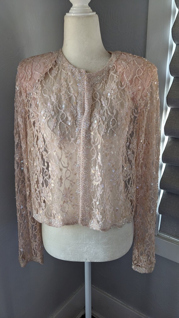 Women's pink beaded lace jacket size large - image 2