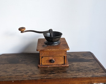 Antique coffee mill grinder with drawer hand crank wooden