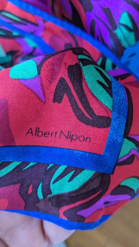 Silk scarf colorful floral pattern, Albert Nippon… - image 5