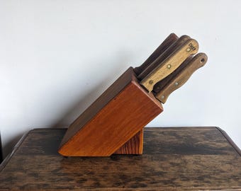 Vintage wooden handle knife set in knife block, Carvel Hall