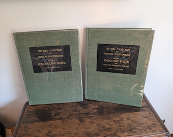 May include: Two vintage medical textbooks, "The Ciba Collection of Medical Illustrations," are displayed. The books have a muted green cover with a black rectangular label. One book is titled "Reproductive System," and the other is "Endocrine System."