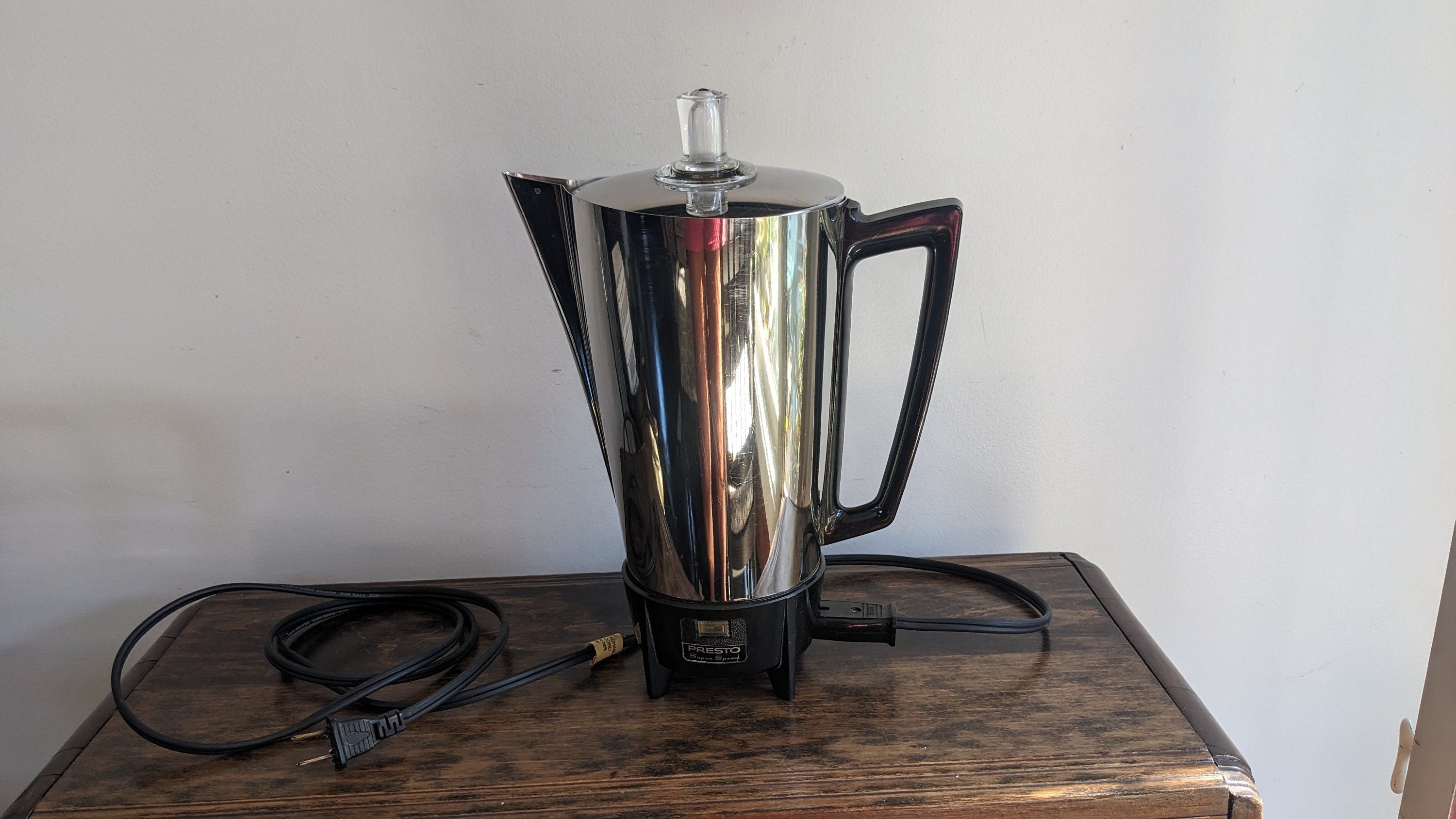 Vintage Presto Electric Coffee Percolator Model S-20, Polished Chrome /  Stainless Steel Exterior, Bakelite Handle See Description 